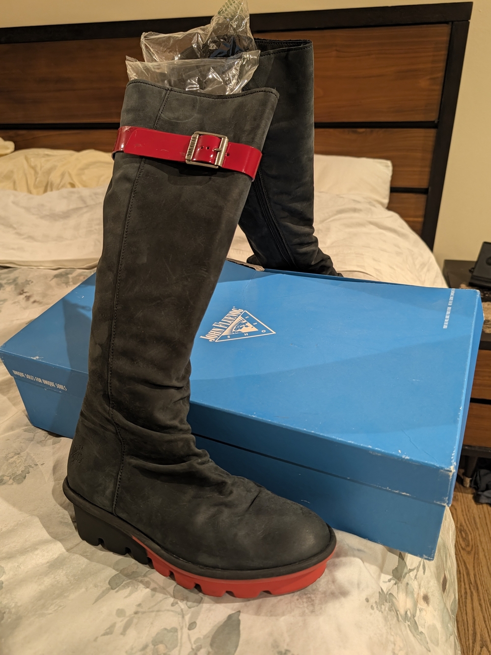 John Fluevog Women's Black Suede Knee Boot with Red Accents - Picture 3 of 3